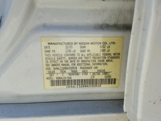 1N4AL11D96N330918 - 2006 NISSAN ALTIMA S WHITE photo 10