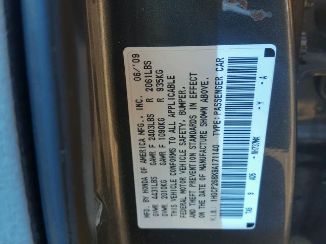 1HGCP268X9A171140 - 2009 HONDA ACCORD EXL GRAY photo 10