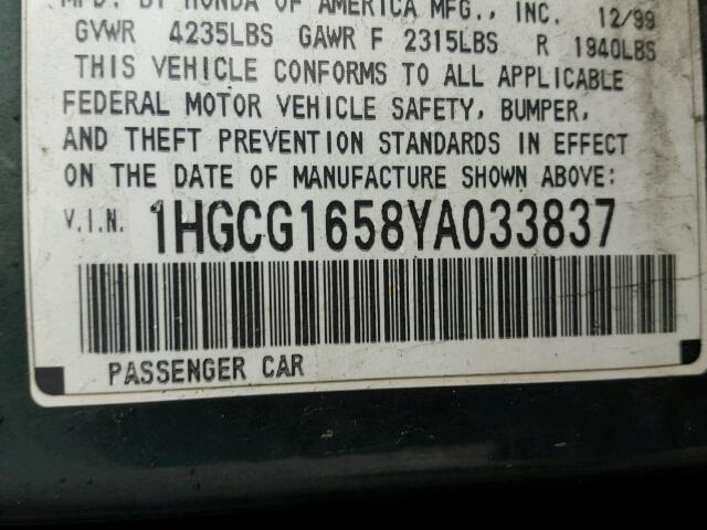 1HGCG1658YA033837 - 2000 HONDA ACCORD EX GREEN photo 10