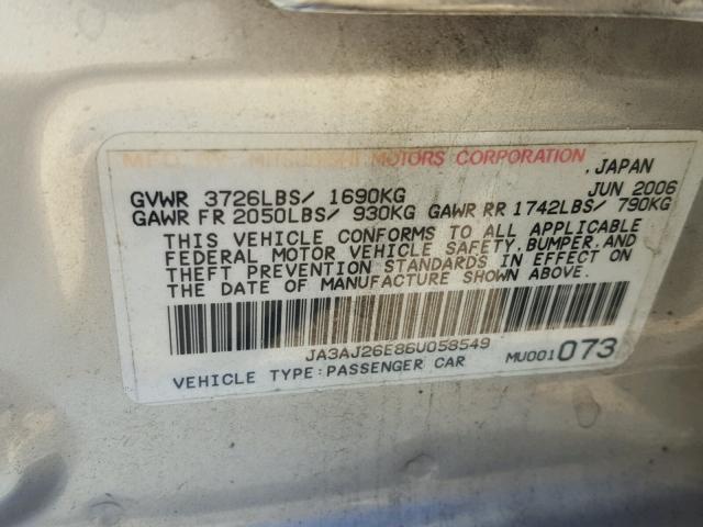 JA3AJ26E86U058549 - 2006 MITSUBISHI LANCER ES SILVER photo 10