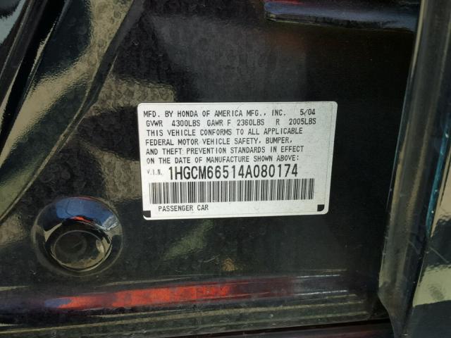 1HGCM66514A080174 - 2004 HONDA ACCORD EX BLACK photo 10