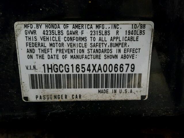 1HGCG1654XA006679 - 1999 HONDA ACCORD EX GREEN photo 10