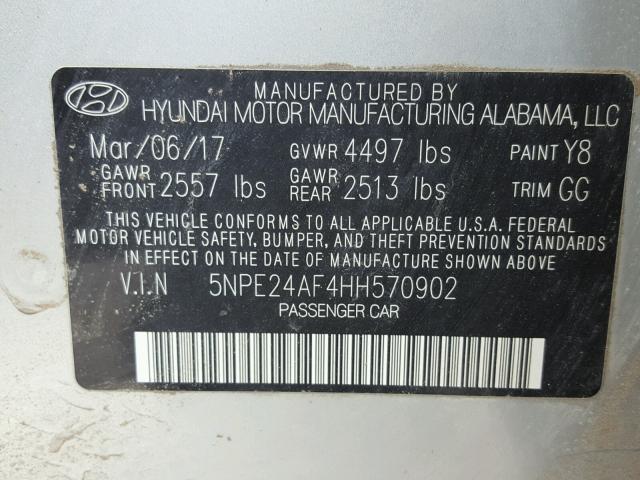 5NPE24AF4HH570902 - 2017 HYUNDAI SONATA SE SILVER photo 10