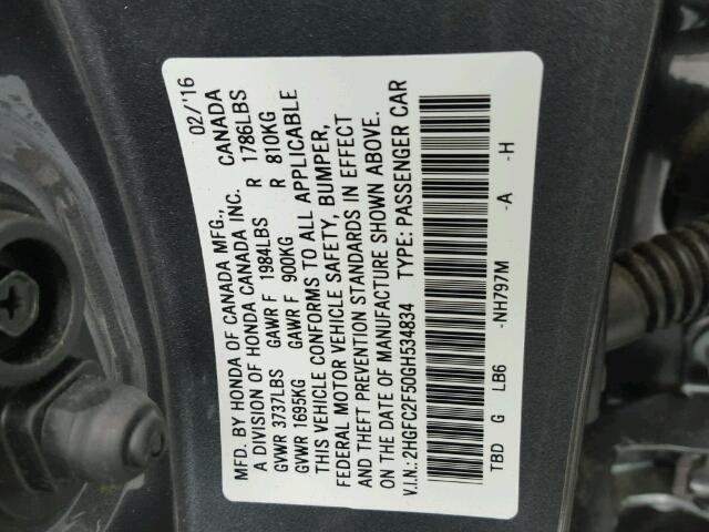 2HGFC2F50GH534834 - 2016 HONDA CIVIC LX GRAY photo 10