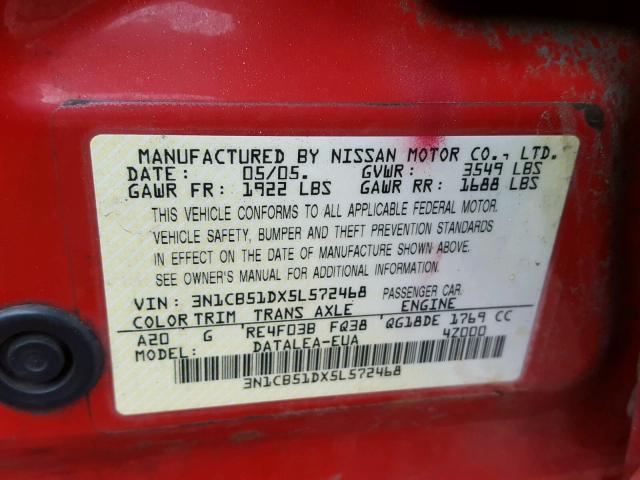 3N1CB51DX5L572468 - 2005 NISSAN SENTRA 1.8 RED photo 10