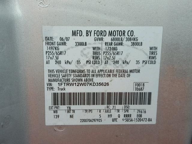 1FTRW12W07KD35626 - 2007 FORD F150 SUPER SILVER photo 10