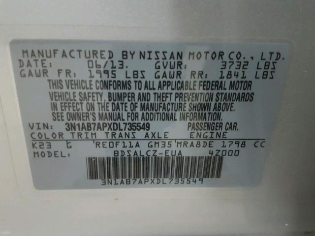 3N1AB7APXDL735549 - 2013 NISSAN SENTRA S SILVER photo 10