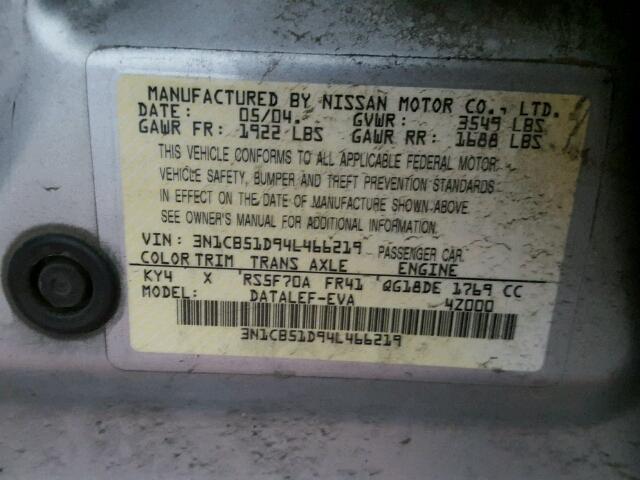 3N1CB51D94L466219 - 2004 NISSAN SENTRA 1.8 SILVER photo 10