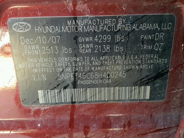 5NPET46C68H400245 - 2008 HYUNDAI SONATA GLS MAROON photo 10