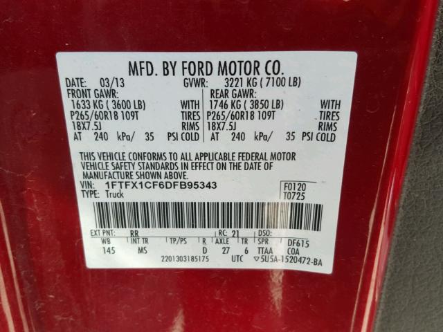 1FTFX1CF6DFB95343 - 2013 FORD F150 SUPER RED photo 10