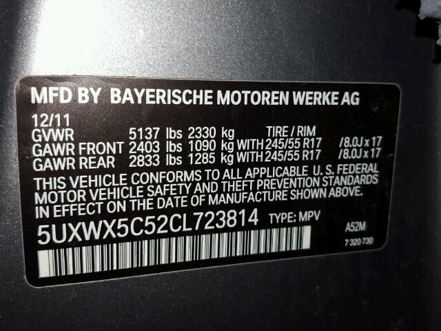 5UXWX5C52CL723814 - 2012 BMW X3 XDRIVE2 CHARCOAL photo 10