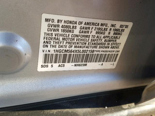 1HGCM564X5L002158 - 2005 HONDA ACCORD LX SILVER photo 10