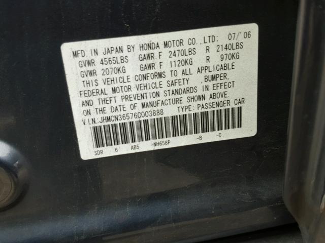 JHMCN36576C003888 - 2006 HONDA ACCORD HYB CHARCOAL photo 10