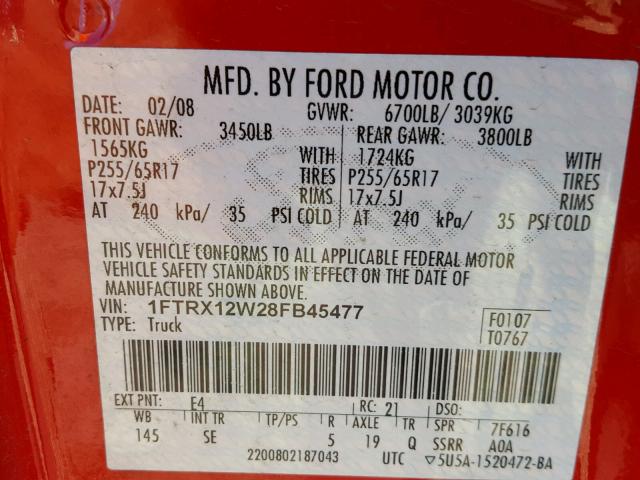 1FTRX12W28FB45477 - 2008 FORD F150 RED photo 10