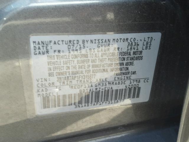 3N1AB7AP1FY315877 - 2015 NISSAN SENTRA S CHARCOAL photo 10