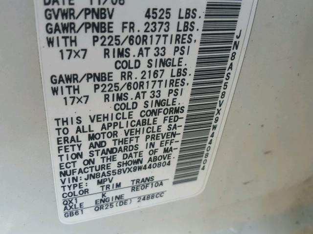 JN8AS58VX9W440804 - 2009 NISSAN ROGUE S WHITE photo 10