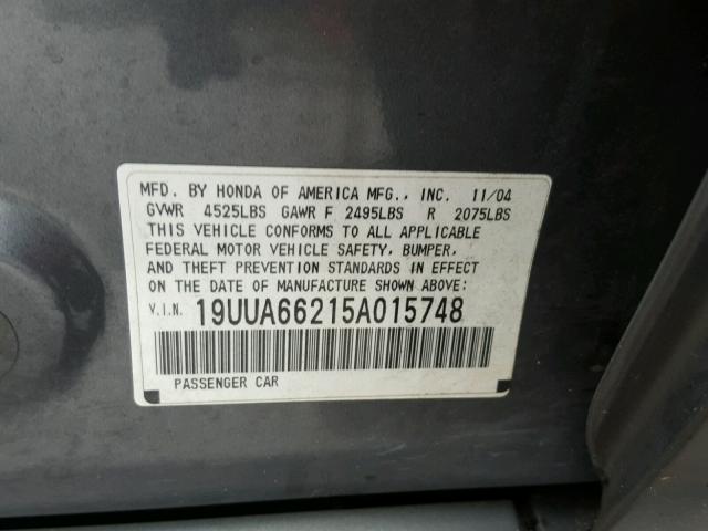 19UUA66215A015748 - 2005 ACURA TL GRAY photo 10