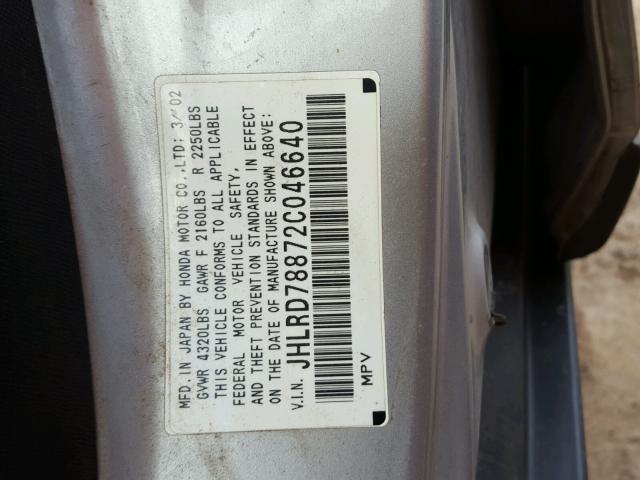 JHLRD78872C046640 - 2002 HONDA CR-V EX SILVER photo 10