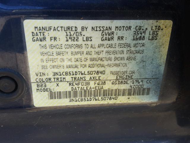 3N1CB51D76L507840 - 2006 NISSAN SENTRA 1.8 BLUE photo 10