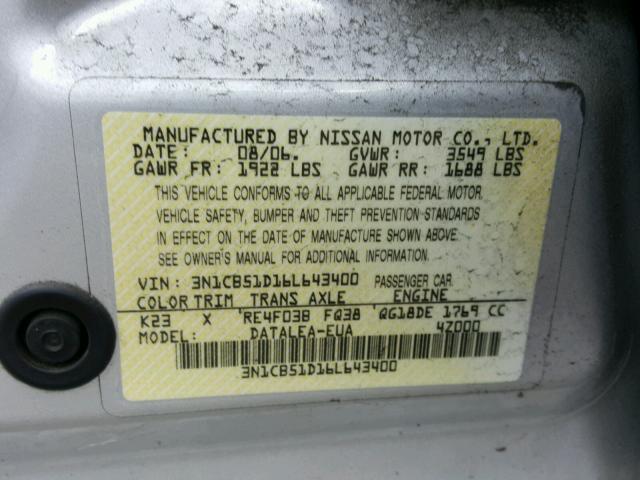 3N1CB51D16L643400 - 2006 NISSAN SENTRA 1.8 SILVER photo 10