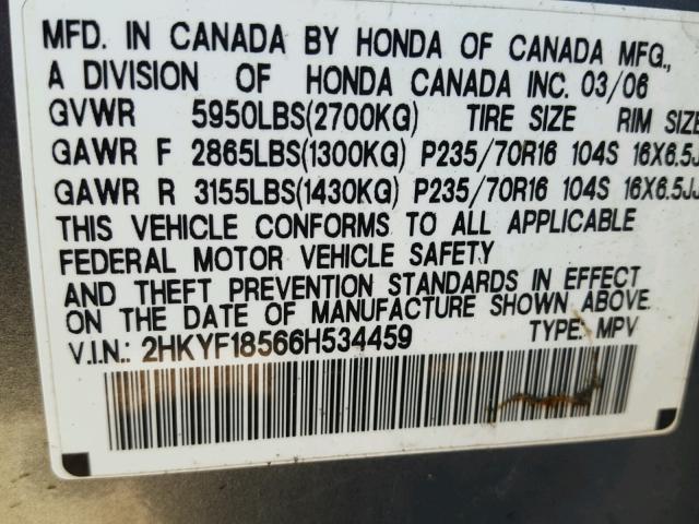 2HKYF18566H534459 - 2006 HONDA PILOT EX BLUE photo 10