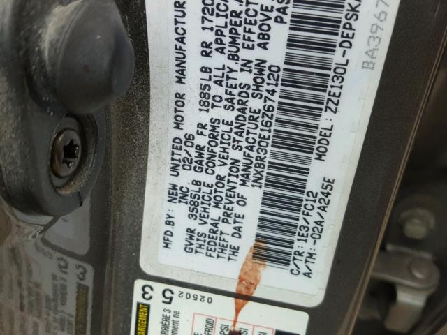 1NXBR30E16Z674120 - 2006 TOYOTA COROLLA CE GRAY photo 10