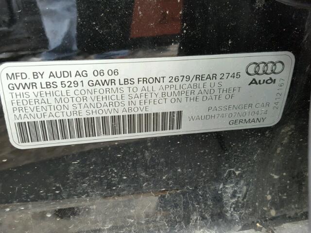 WAUDH74F07N010474 - 2007 AUDI A6 3.2 QUA BLACK photo 10