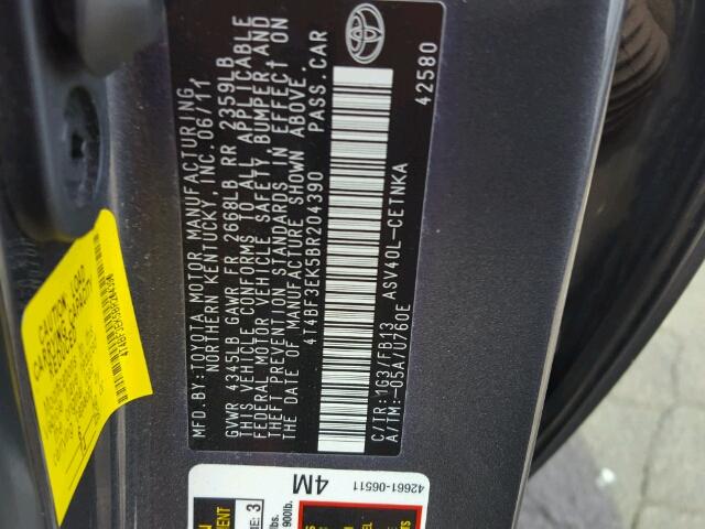 4T4BF3EK5BR204390 - 2011 TOYOTA CAMRY BASE GRAY photo 10