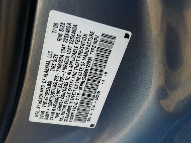 5FNRL38806B122930 - 2006 HONDA ODYSSEY TO BLUE photo 10