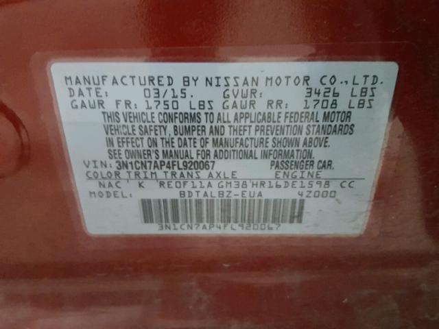 3N1CN7AP4FL920067 - 2015 NISSAN VERSA S RED photo 10