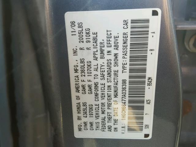 1HGCM66477A036398 - 2007 HONDA ACCORD SE BLUE photo 10