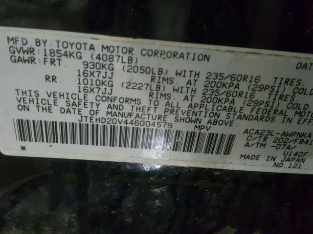 JTEHD20V446004579 - 2004 TOYOTA RAV4 BLACK photo 10