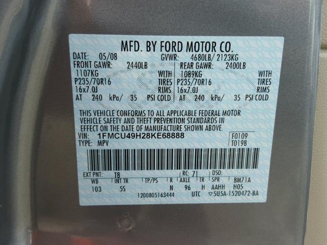 1FMCU49H28KE68888 - 2008 FORD ESCAPE HEV GRAY photo 10