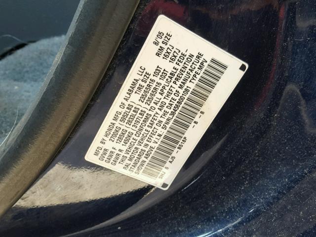 5FNRL38456B001081 - 2006 HONDA ODYSSEY EX BLUE photo 10