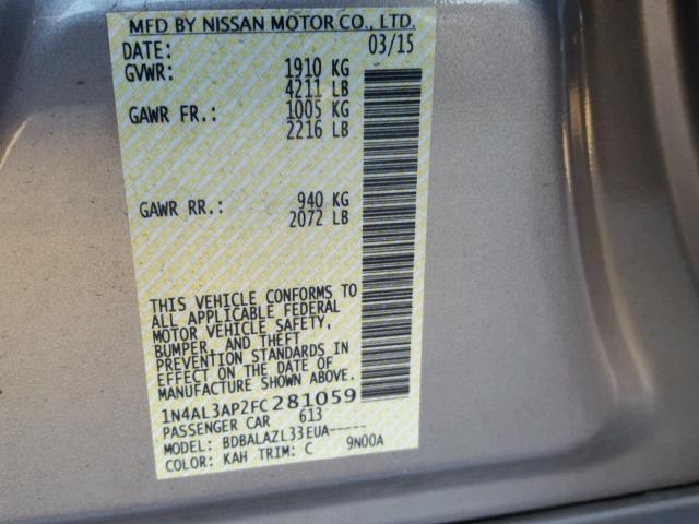 1N4AL3AP2FC281059 - 2015 NISSAN ALTIMA 2.5 TAN photo 10