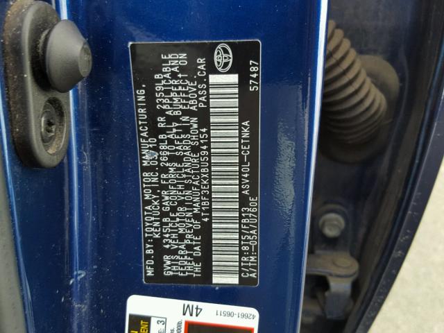 4T1BF3EKXBU594154 - 2011 TOYOTA CAMRY BASE BLUE photo 10