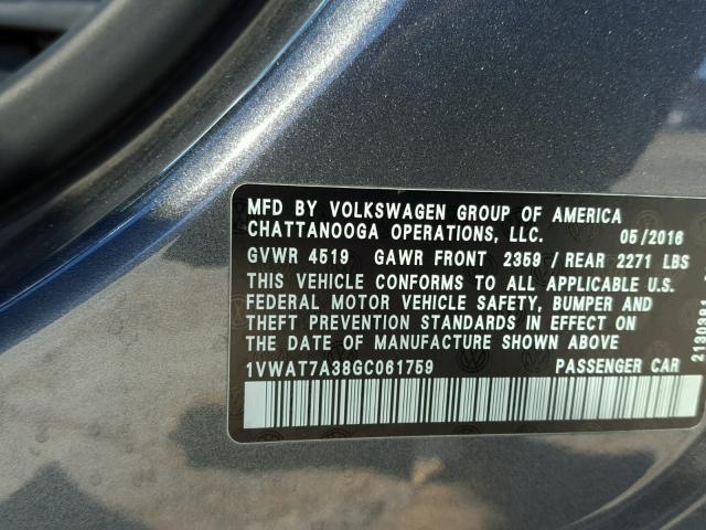 1VWAT7A38GC061759 - 2016 VOLKSWAGEN PASSAT S GRAY photo 10