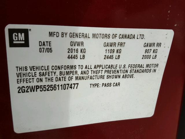 2G2WP552561107477 - 2006 PONTIAC GRAND PRIX Tünd qırmızı foto 10