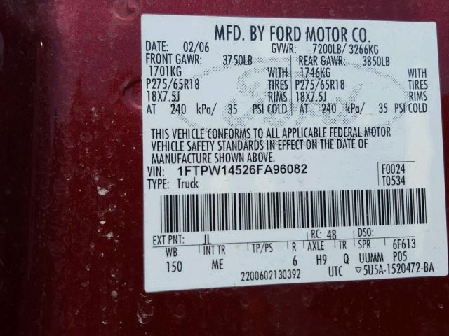 1FTPW14526FA96082 - 2006 FORD F150 SUPER MAROON photo 10