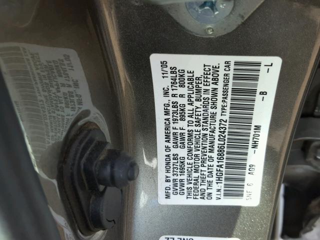 1HGFA16886L024372 - 2006 HONDA CIVIC EX თაფლისფერი ფოტო 10