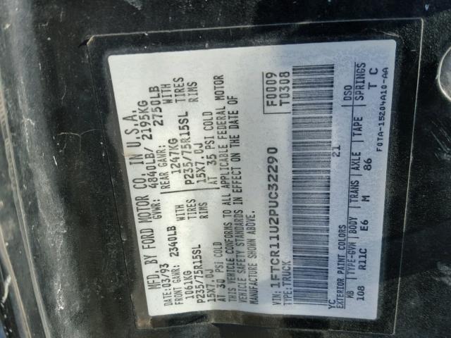 1FTCR11U2PUC32290 - 1993 FORD RANGER BLACK photo 10