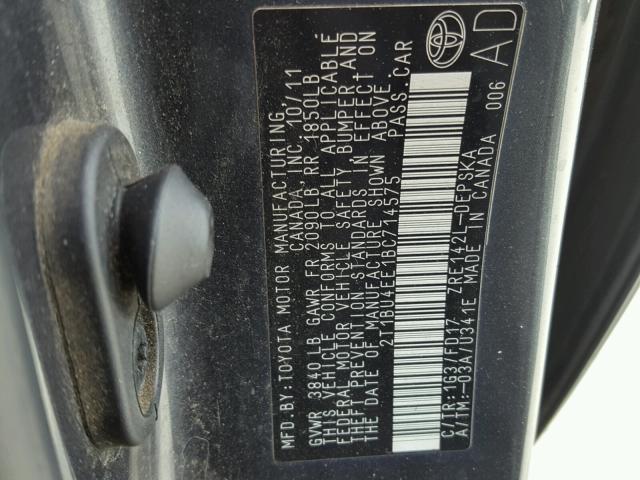 2T1BU4EE1BC714575 - 2011 TOYOTA COROLLA BA GRAY photo 10