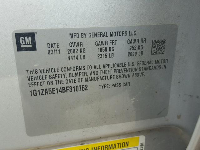 1G1ZA5E14BF310762 - 2011 CHEVROLET MALIBU LS ვერცხლისფერი ფოტო 10