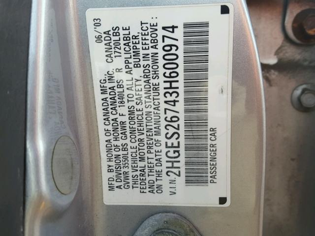 2HGES26743H600974 - 2003 HONDA CIVIC EX ვერცხლისფერი ფოტო 10