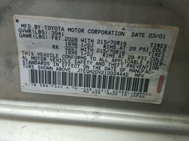 JTEGH20V210024442 - 2001 TOYOTA RAV4 TAN photo 10