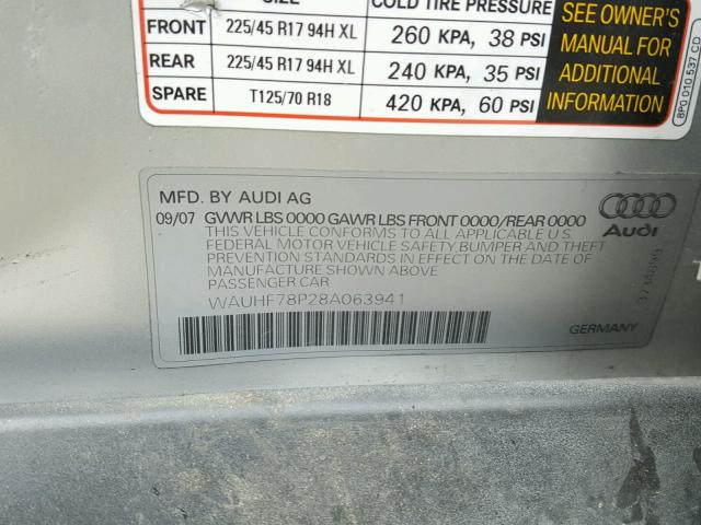 WAUHF78P28A063941 - 2008 AUDI A3 2.0 SILVER photo 10