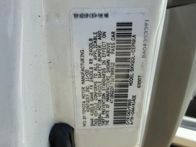 4T1BG22K71U788912 - 2001 TOYOTA CAMRY CE WHITE photo 10