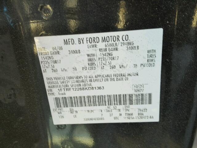 1FTRF12268KD81363 - 2008 FORD F150 BLACK photo 10