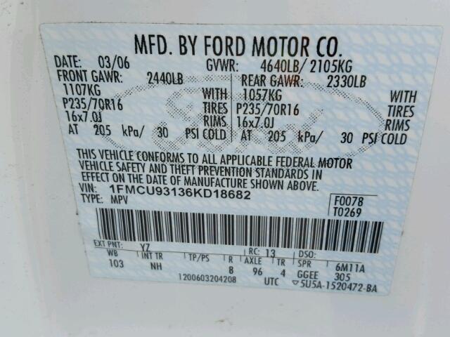 1FMCU93136KD18682 - 2006 FORD ESCAPE XLT WHITE photo 10