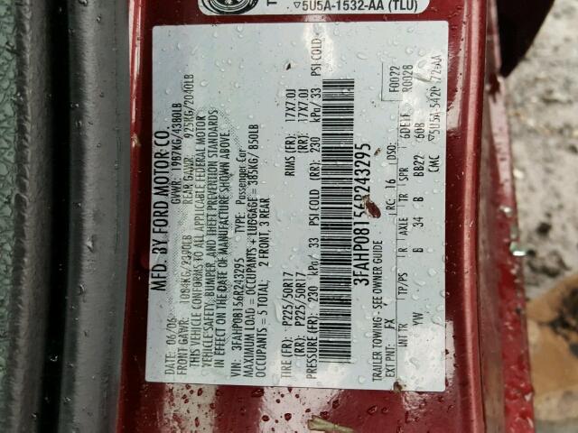 3FAHP08156R243295 - 2006 FORD FUSION SEL RED photo 10